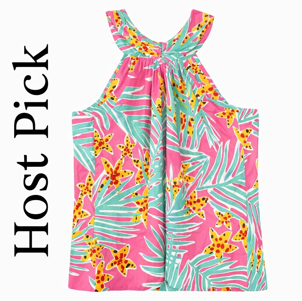 "Lilly Pulitzer" Pink Tropical Halter Top Size Small Starfish Palm Print Preppy